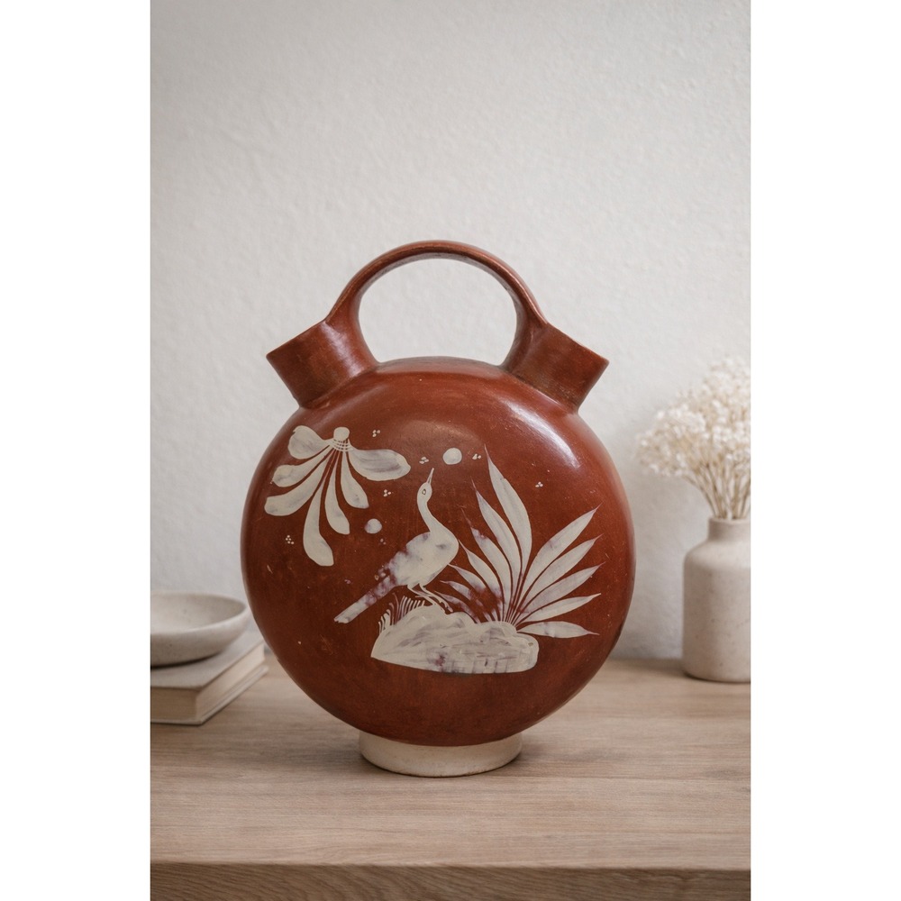 Vintage Terracotta Ceramic Pitcher Jug Double Spout Bird Design Handmade‎ Mexico